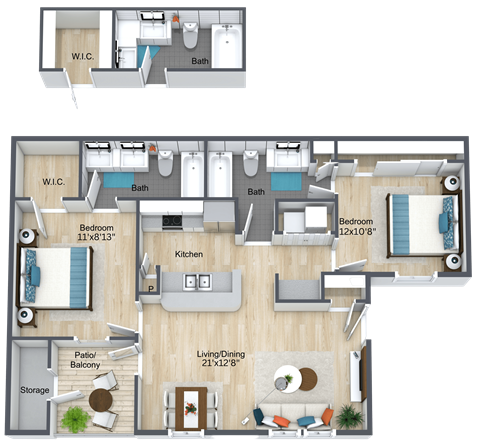 A floor plan of a two-bedroom apartment with a living room, kitchen, and bathrooms.